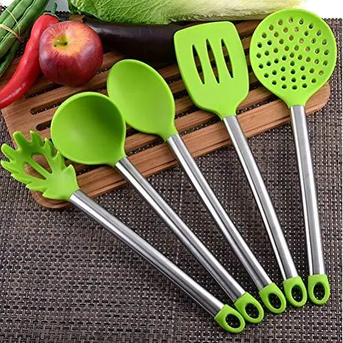 Nonstick Kitchenware Set Silicone Kitchenware Set of 5 Stainless Steel Handle Cooking Tools Kitchenware MATCHANT (Color : Green)