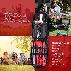 Qudos Cooking and Grilling Utensil Organizer Travel Set with Carry Case - Portable Camping Tools and Kitchen Accessories - Cookware Travel Kit with Chopping Board, Scissors and Knife - Grill Supplies