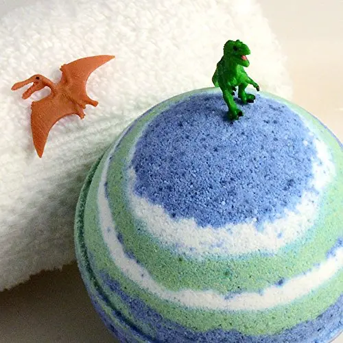 Kids Giant 10 OZ Bath Bomb with One Educational 1&quot Replica Silicone Dinosaur Toy Inside - Green Apple Scent in New Large Party Size 3&quot Diameter Ages 4+