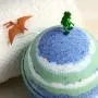 Kids Giant 10 OZ Bath Bomb with One Educational 1&quot Replica Silicone Dinosaur Toy Inside - Green Apple Scent in New Large Party Size 3&quot Diameter Ages 4+