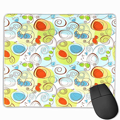 Modern Decor Gaming Mouse pad Floral Flowers with Geometrical Abstract Funky Swirls Image Custom Mouse pad 8.5&quotx7" Light Green Blue and White