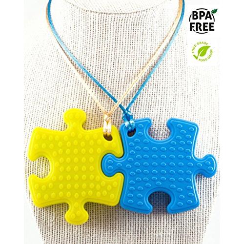 Sensory Chew Necklace Premium Strength (2 Pack) for Boys, Girls, Kids and Adults. Great for Severe Chewers Autism, ADHD, Baby Teething, Silicone Puzzle Autism, Awareness Chewlery Yellow Blue