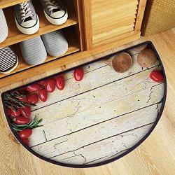 YOLIYANA Modern Soft Semicircle Rug,Cooking Vegetables Recipe Kitchenware Chef Rustic Wood Organic Utensil Cafe Art for Bathroom