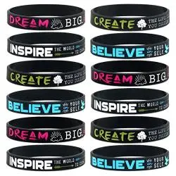 (12-Pack)&quotDream, Believe, Inspire, Create" Silicone Wristbands - Wholesale Bulk Pack of Inspirational Message Bracelets